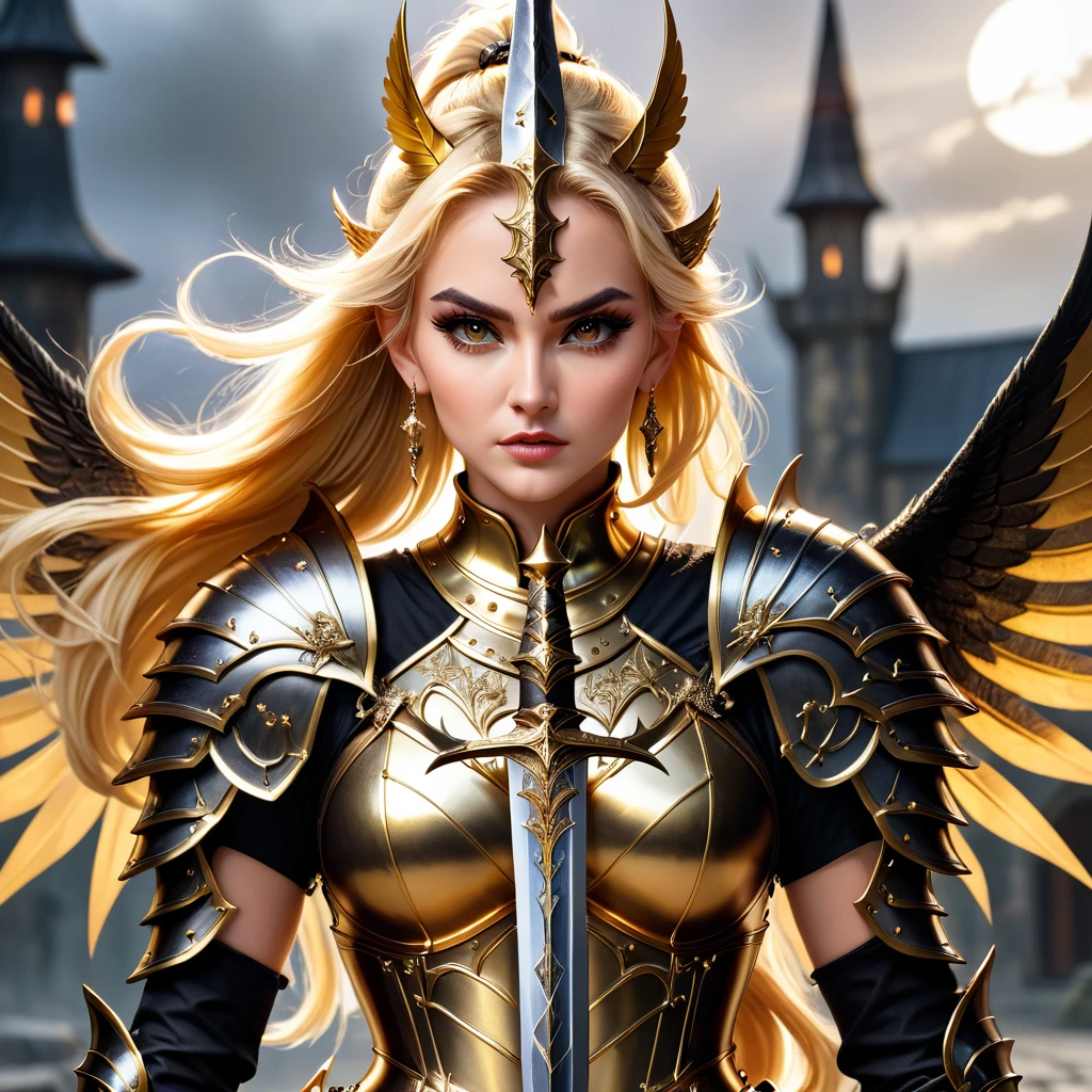 Beautiful Blonde Girl and with Long Golden Sharped Sword with a Beautiful Blonde Long Ponytail Hair wearing a Winged Helm and wearing a Witch Chestplate Armor with Jewelry Earrings with gloves with Makeup with the Best Quality with High Details with Textured Skin as a Masterpiece in a High Resolution in 8K Quality, proud pose with long golden sharped sword with her two hands, fierce expression, swordup