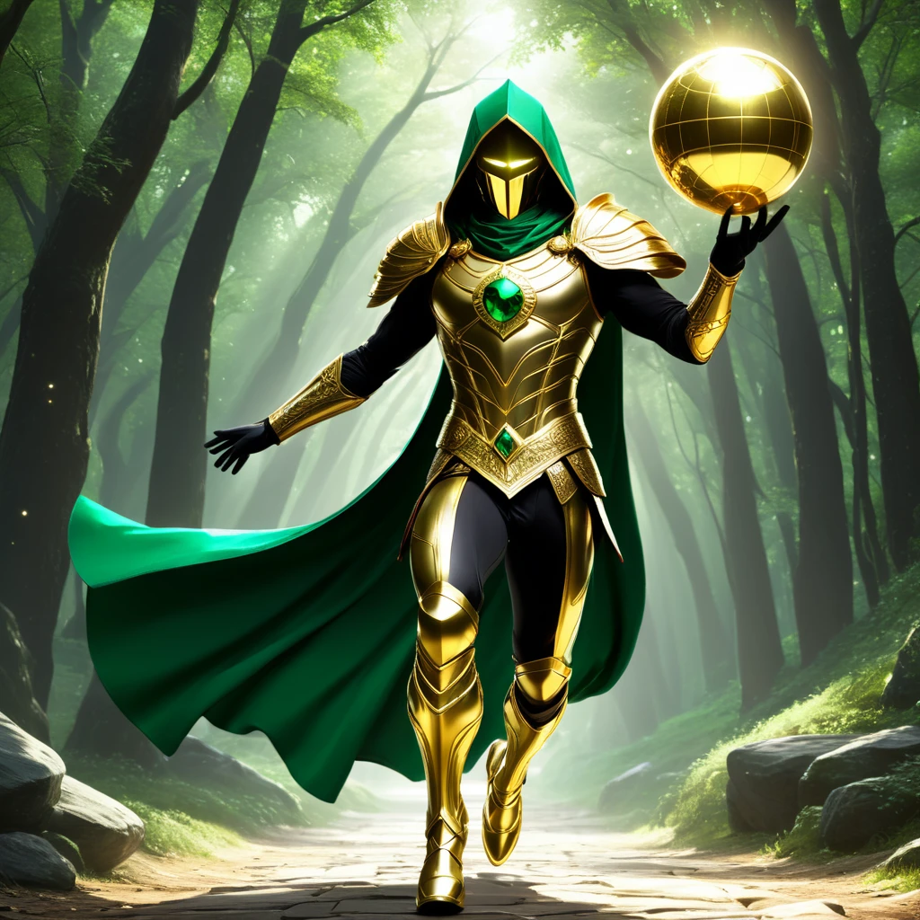 Aurum, the Golden Alchemist, must have shining golden armor with alchemical symbols engraved on it. He's floating in the air, holding a golden sphere that shines brightly with both hands, while his cloak flutters in the wind. Your face exudes determination and wisdom. Mercury, the Swift Alchemist, is on a running motion, with its silver trajectory flowing like mercury. He leaves a silver trail as he runs around the other heroes, showing off his impressive agility. Vitriol, the Warrior of Secrets, is at the center of the scene with his black armor and emerald green details. He&#39;s wielding his alchemical sword in the air, attack to attack, with a fierce expression on his face. Solaria, the Master of Transmutation, it&#39;s on the right side, creating a transmutation with your hands glowing red and gold. Your flaming hair is in motion, and your eyes shine with intense energy. Aether, the Celestial Guardian






