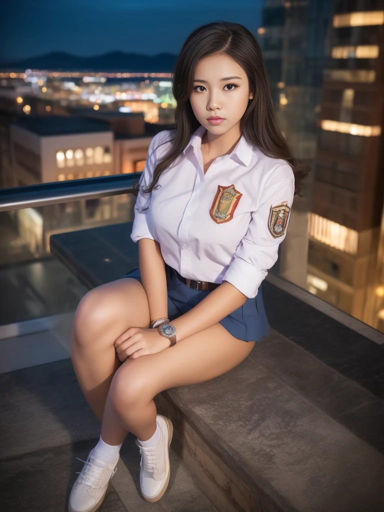 1girl, (uniform), sits with her legs pressed to her chest, detailed night view ofMetropolitan city at the background, detailed face, detailed eyes, brunette, big breasts, smooth realistic skin, semi-curvy body, white shirt, grey blue hot miniskirt , looking at the audience, Full body shot, camera from above, overhead view, (8k, RAW photo, best quality, masterpiece: 1.2), (realistic, realistic: 1.37), ultra-high resolution