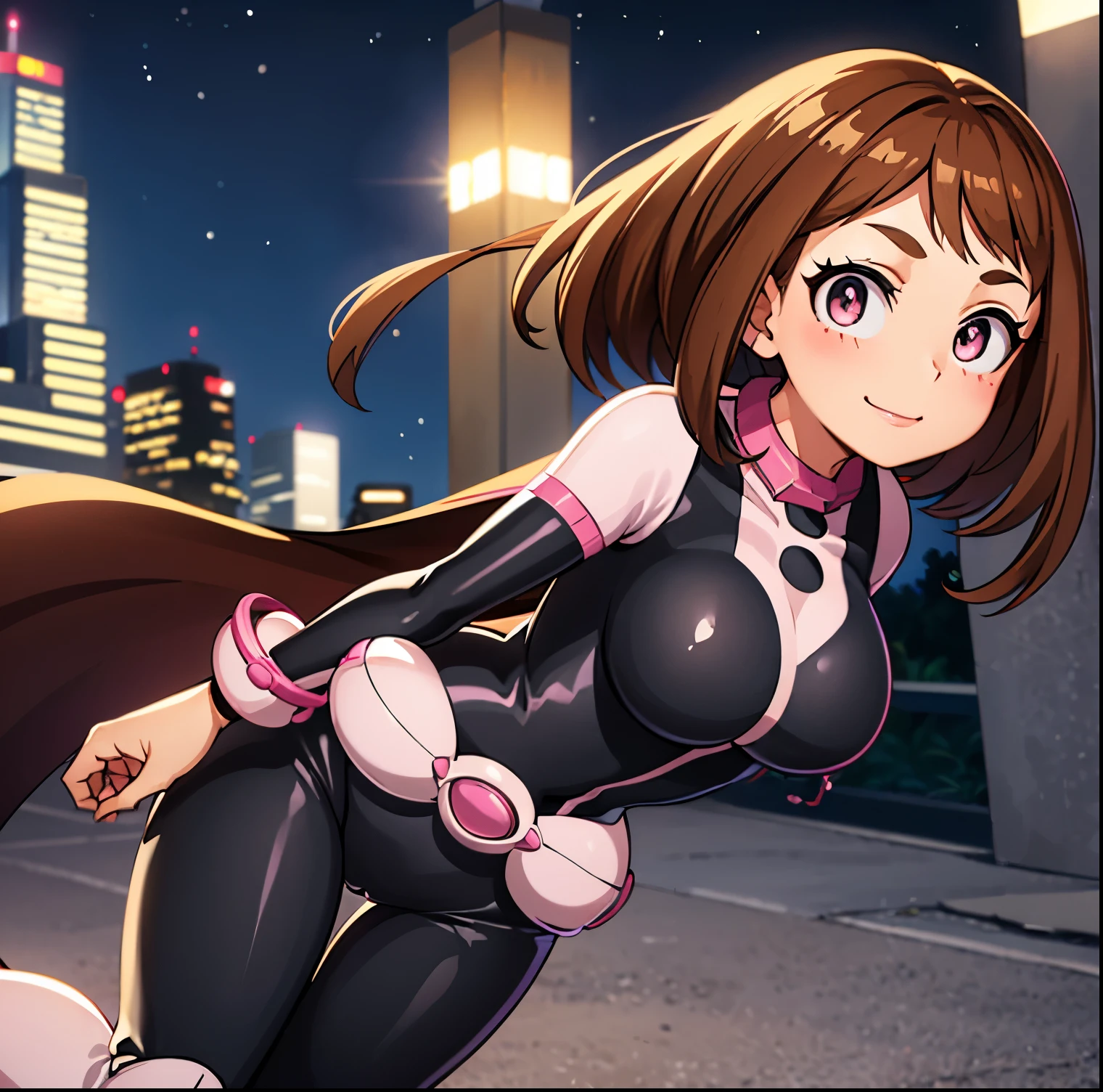 ((1girl)),((alone)),ochako uraraka,(masterpiece), (best quality), (ultra detailed), (best illustration), (best shadow), (absurdities), sharp focus, cowboy shot , dynamic posture looking at the viewer, big breasts, narrow waist, wide hips, wide thighs, round butt, erotic, romantic, (very detailed eyes, lips 1.1), very detailed eyes, eyes, Very detailed face, Very beautiful face, height full, beautiful slim figure, femininity, expressive appearance, elastic big breasts, sexuality, brown eyes, bright lips, brown hair, medium hair, shiny skin,((superhero costume)),(((pink and black bodysuit, tight bodysuit ))), Pink protector, Pink boots, pink wristbands, defined body, Perfect and beautiful body, perfect and beautiful, closed mouth, smile, happy smile, blushing, (sexy pose: 1.2), ((solo)), standing: 1.3, exterior, cityscape, streets, city, night, dark city, city lights, looking forward, ((focus on thighs)), point of view: (from middle), perfect anatomy, perfect hands