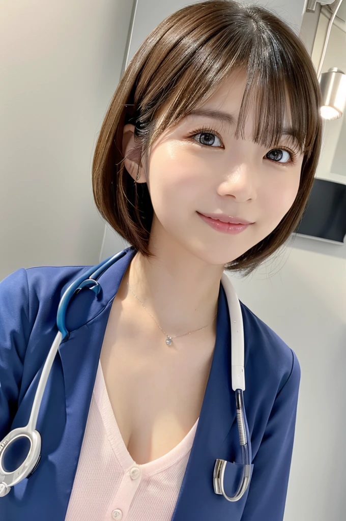 Japanese、8k、Ultra Detail、Photorealistic、Realistic and accurate depiction、Realistic and accurate human anatomy、High resolution、Highest quality、Perfect cuteness、((Highest quality, 8k, masterpiece: 1.3)), girl, Slim Beauty, Delicate hair, Detailed eyes, double eyelid, Cute smile, (cute), Soft Skin, Body Full Body, Ultra-realistic, Patient room details, (cute Short-haired Female Doctor Coming for Detailed Rounds), ( Female doctorの制服の詳細), Looking up、Female doctor、nurse