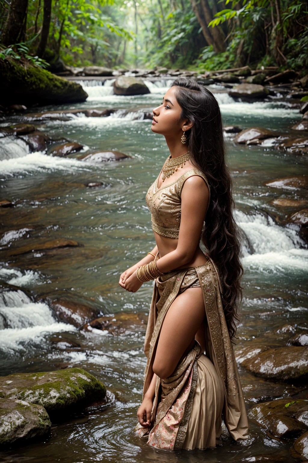 A beautiful Indian woman wearing a rich, ornate bridal lehenga, intricate embroidery, jewelry, sitting in the water in a river, next to a waterfall, in water up to her shoulders, dripping wet, bathing in a waterfall, gorgeous lady, cute woman, gorgeous woman, in the water, gorgeous female, in a river in the jungle,dramatic lighting, cinematic composition, hyper-detailed, photorealistic, muted color palette, oil painting style