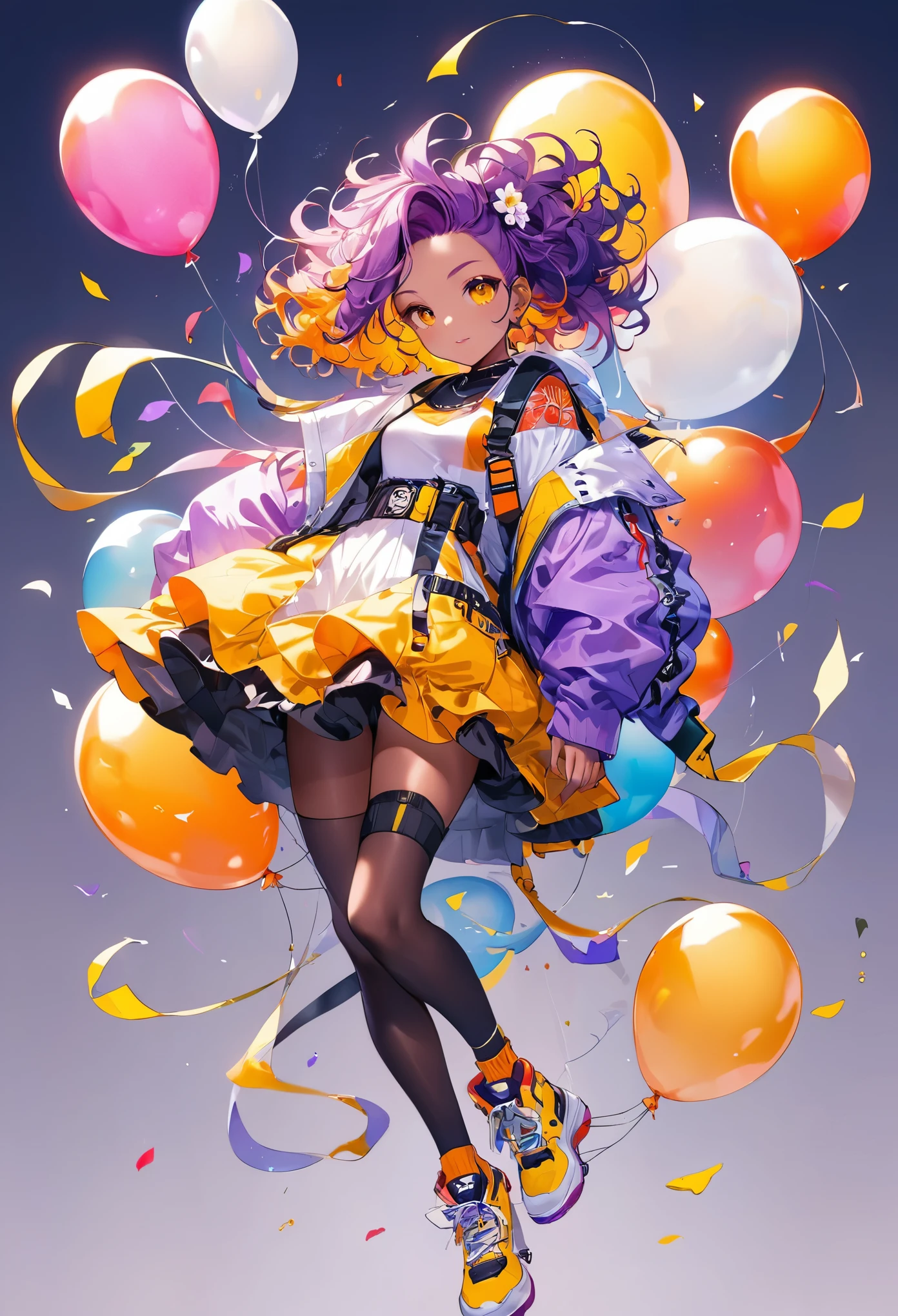 ((plano general, Whole body:1.6)), purple: 1.5, orange: 1.1, white: 1.3, yellow: 1.3, (rapper girl with scary hair), tattoos, (Power Balloon Clothing: 1.2), flower, leaves, born in the fog, lines, background circles, action pose, 32K.