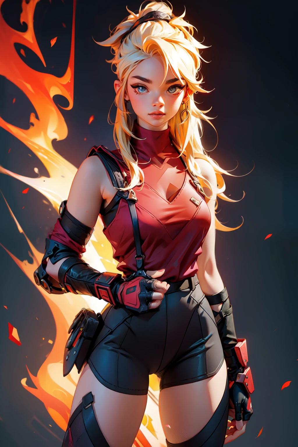 (masterpiece, best quality:1.2), red glowing eyes, red eyes, the eyes are red, perfect face, strong make up, highres, 1 girl, ultra long ponytail, (female:1.5), strife, blonde hair streaked with lots of red highlights, two colors hair (blond and red), hight flame mistress outfit, shoulder armor, sleeveless turtleneck, suspenders, belt, gloves, hands on the thighs, bracer, pre potent smile, perfect legs, relaxed  down arms , evil smile, evil pose, standing, portrait, looking at viewer,  Her hair is streaked with lots red and blonde highlights.