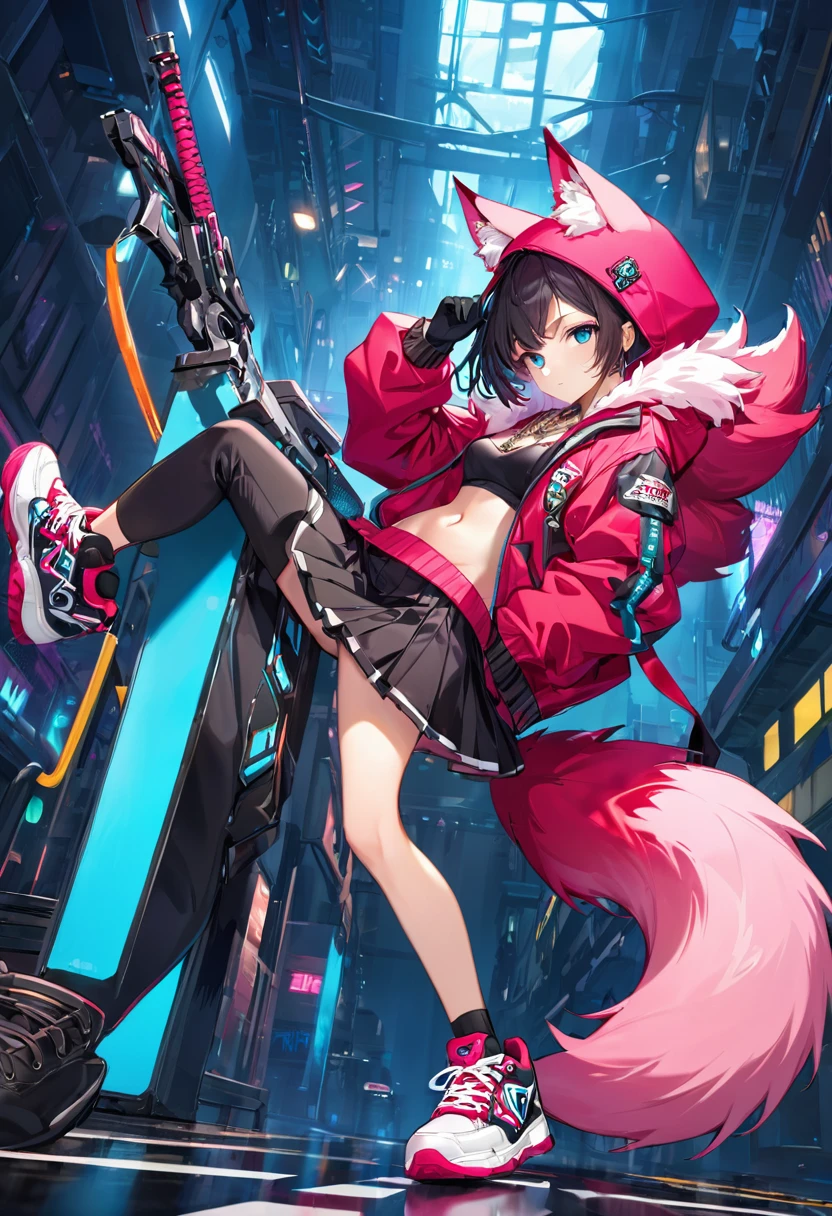 Oh, league of legend, sexy for, wallpapers, detailed eyes, fox ear, (fox tails), a skirt, (long pink fur), medium breasts, Looking at_Shown in_Looking atl espectador, short_hair, gloves, belly button, fail, blue_there are eyes, Eternal, full_body, weapon, Footwear, necklaces, negro_gloves, pulp, hooded, hair_overcome_Yoon_there are eyes, Cultivator_above, hoodie, negro_pants, sneakers, Cut_jacket, cyber punk character, Cut_hoodie