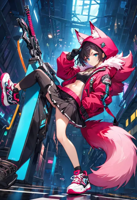 oh, league of legend, sexy for, wallpapers, detailed eyes, fox ear, (fox tails), a skirt, (long pink fur), medium breasts, looki...