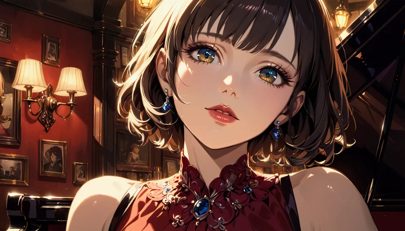 a beautiful woman singing at an irish pub, leaning on a grand piano in a sexy dress, short hair, ghibli-like art style, detailed...