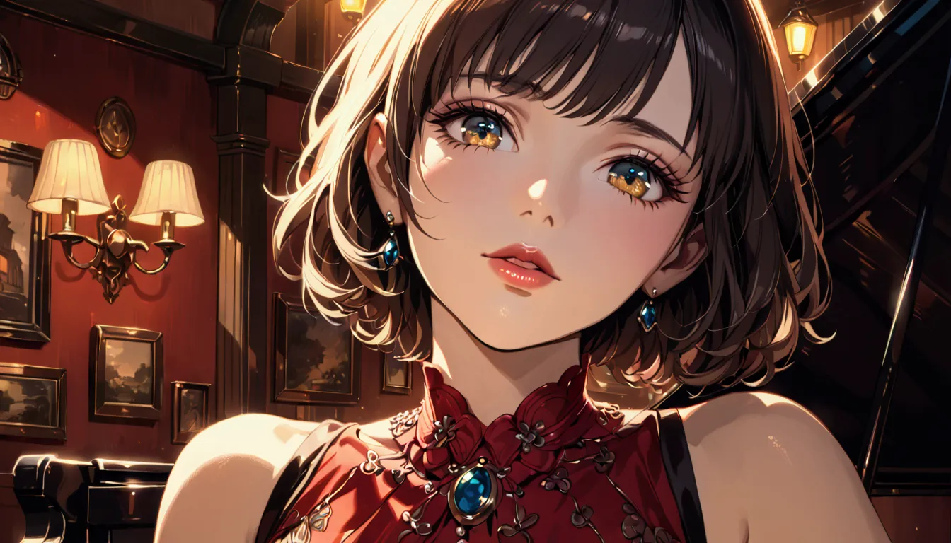 a beautiful woman singing at an irish pub, leaning on a grand piano in a sexy dress, short hair, ghibli-like art style, detailed...