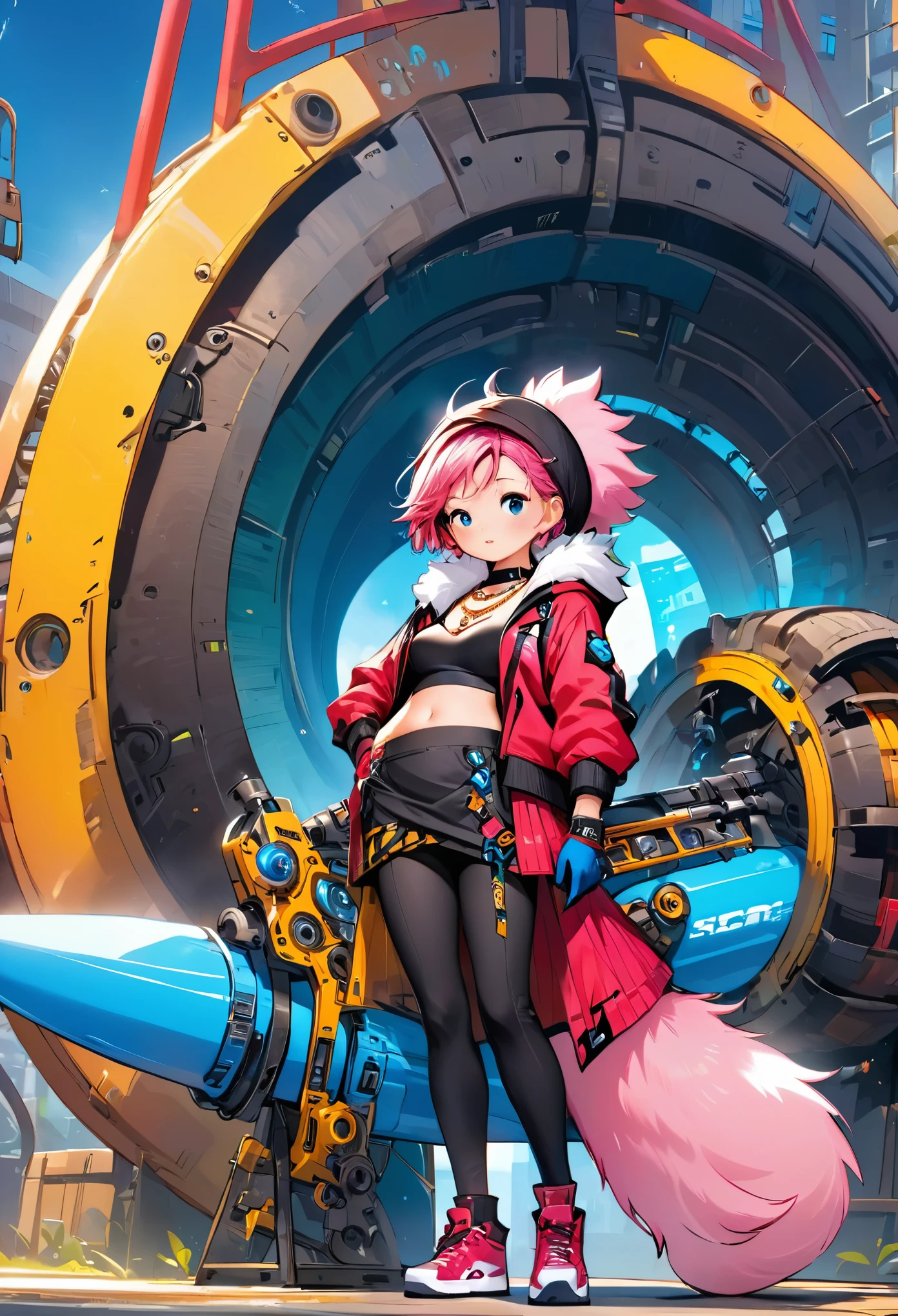 Oh, league of legend, sexy for, wallpapers, detailed eyes, fox ear, (fox tails), a skirt, (long pink fur), medium breasts, Looking at_Shown in_Looking atl espectador, short_hair, gloves, belly button, fail, blue_there are eyes, Eternal, full_body, weapon, Footwear, necklaces, negro_gloves, pulp, hooded, hair_overcome_Yoon_there are eyes, Cultivator_above, hoodie, negro_pants, sneakers, Cut_jacket, cyber punk character, Cut_hoodie