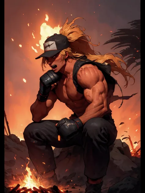 fire, explosion, sunset, flame, muscular, burning, palm tree, torch, orange sky, blonde hair, gloves, ponytail, pyrokinesis, mol...