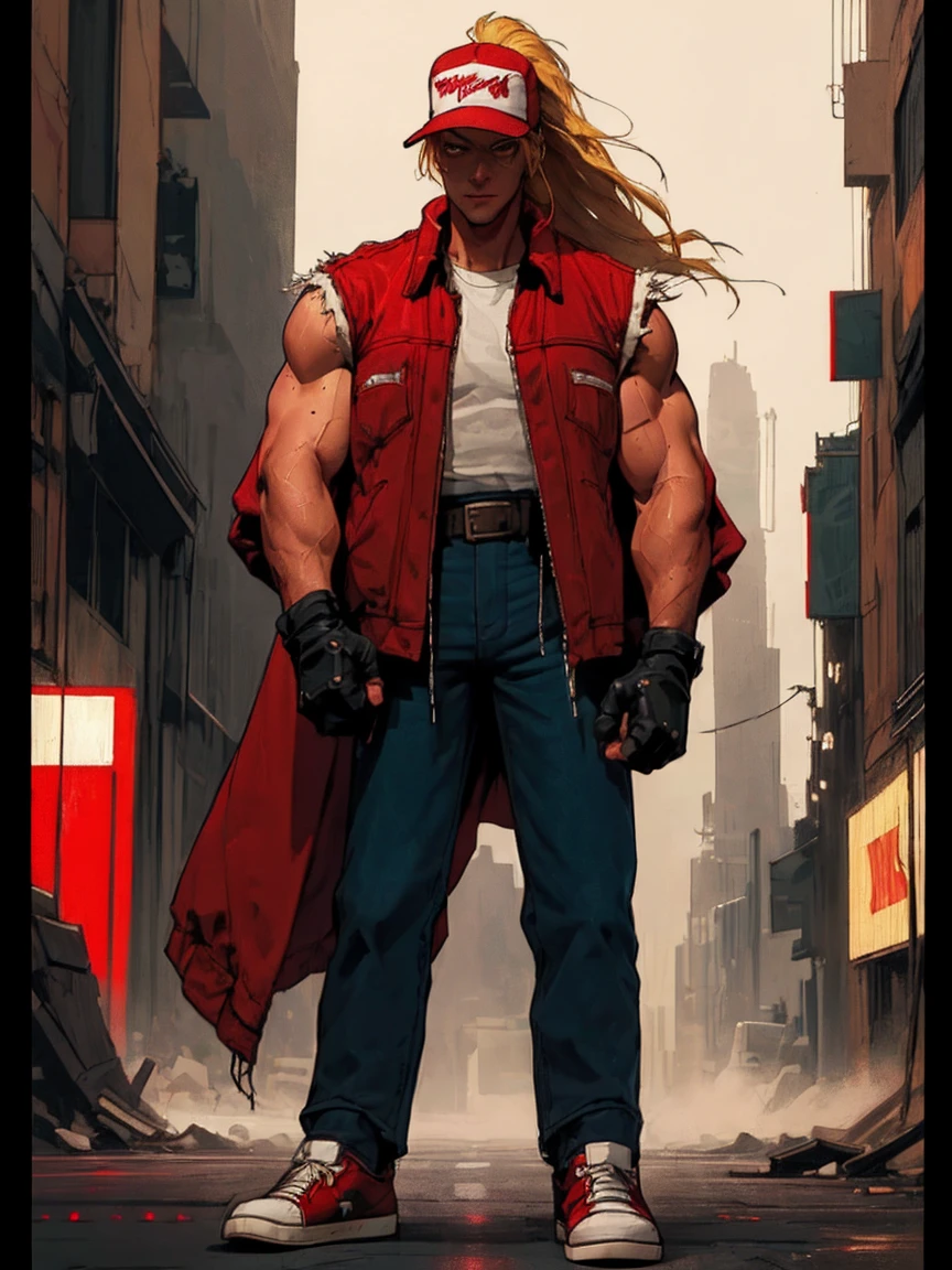 terrybogard, 1guy, red vest, blonde hair, ponytail, red trucker cap, white sleeveless shirt, denim jeans, belt, fingerless gloves, red sneakers, detailed eyes, detailed face, ((masterpiece, highres, perfect picture)), city at night, streets, neon, crossed arms, (detailed:1.2), atmospheric, 