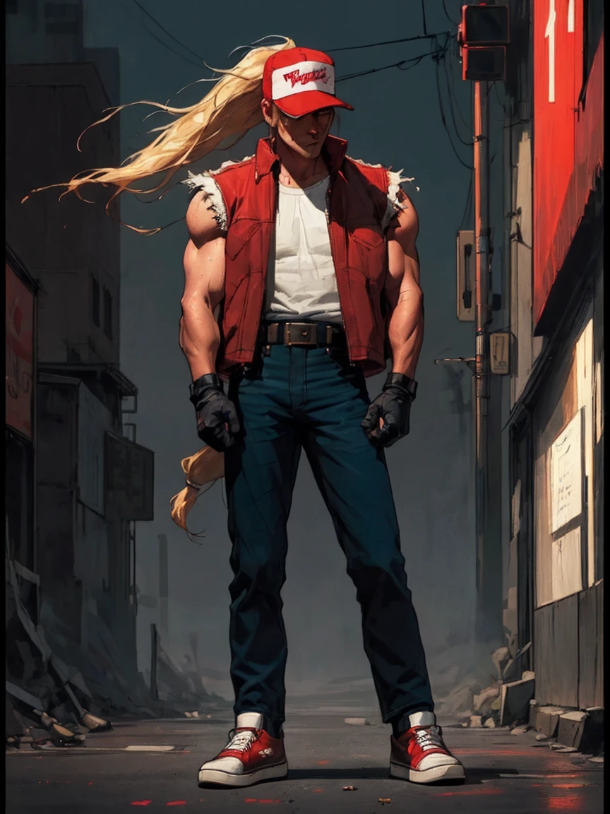 terrybogard, 1guy, red vest, blonde hair, ponytail, red trucker cap, white sleeveless shirt, denim jeans, belt, fingerless gloves, red sneakers, detailed eyes, detailed face, ((masterpiece, highres, perfect picture)), city at night, streets, neon, crossed arms, (detailed:1.2), atmospheric, 