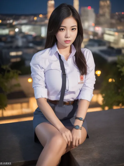1girl, (uniform), sits with her legs pressed to her chest, detailed night view ofMetropolitan city at the background, detailed f...