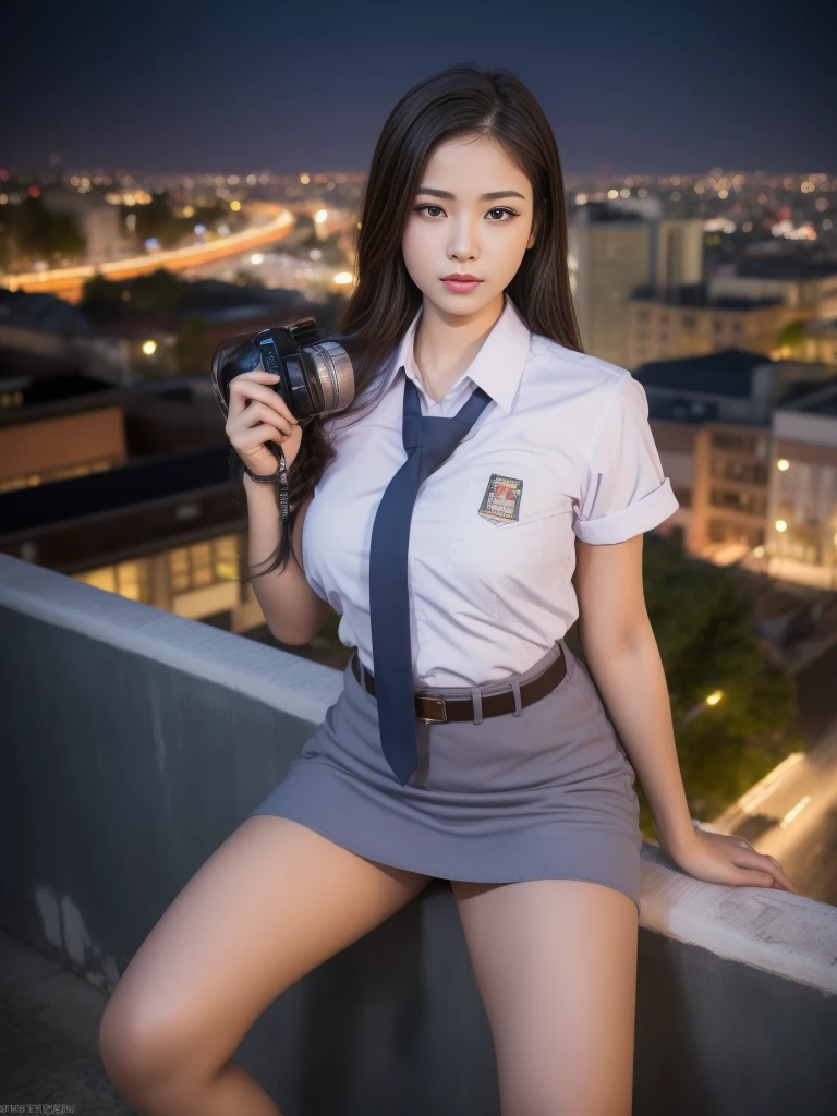 1girl, (uniform), sits with her legs pressed to her chest, detailed night view ofMetropolitan city at the background, detailed face, detailed eyes, brunette, big breasts, smooth realistic skin, semi-curvy body, white shirt, grey blue hot miniskirt , looking at the audience, Full body shot, camera from above, overhead view, (8k, RAW photo, best quality, masterpiece: 1.2), (realistic, realistic: 1.37), ultra-high resolution