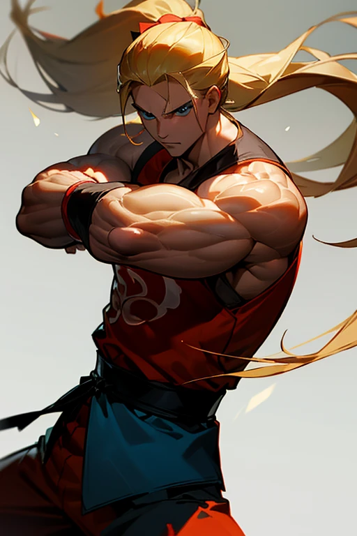 andykof, 1boy, solo, blonde hair, blue eyes, long hair, male focus, cowboy shot, ponytail, muscular,dougi,martial arts belt,, (masterpiece, best quality,highres, perfect hands)