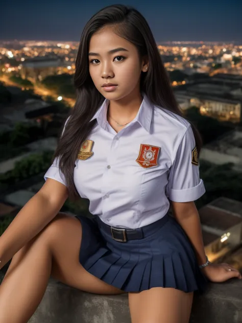 1girl, (Indonesian_high_school_uniform), sits with her legs pressed to her chest, detailed night view ofMetropolitan city at the...