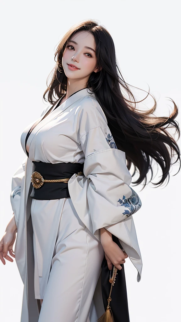 master piece,　best quality,　ultra detailed,　photorealistic,　voluptuous,　1 young girl,　fair skin,　pale skin,　long hair,　black hair,　smile,　tareme,　mega breasts,　gorgeous bluck kimono,　cowboy shot,　looking up,　white background