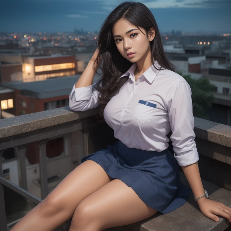 1girl, (Indonesian_high_school_uniform), sitting, detailed night view of Metropolitan city at the background, detailed face, detailed eyes, brunette, big breasts, smooth realistic skin, semi-curvy body, white shirt, grey blue hot miniskirt , looking at the audience, Full body shot, camera from above, overhead view, (8k, RAW photo, best quality, masterpiece: 1.2), (realistic, realistic: 1.37), ultra-high resolution