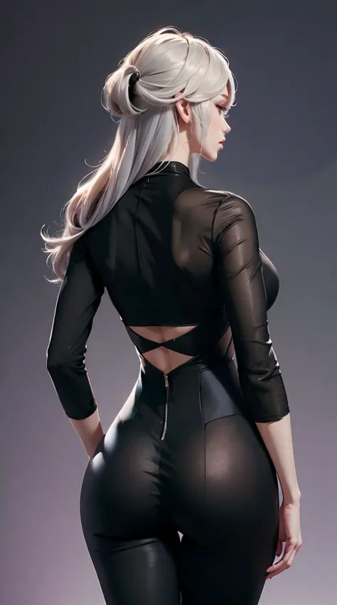 Black tight jumpsuit, big ass, back view, highly detailed, deep focused image, realistic full-lenght photo, white hair
