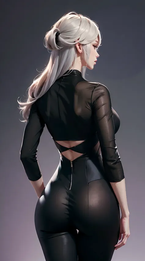 black tight jumpsuit, big ass, back view, highly detailed, deep focused image, realistic full-lenght photo, white hair