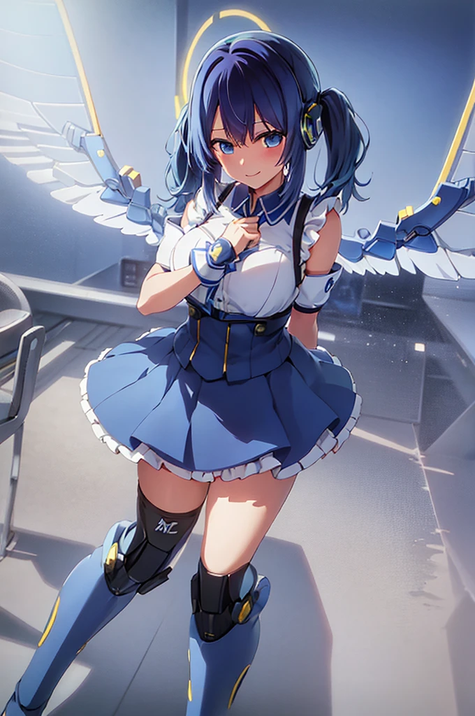 mecha wings、Blue Skirt、Thighs、tights、chest、Twin tails、Blue Hair、1 girl、solo girl、IS、Frame Arms Girl、Alice Gere Aegis、blue armor、income、headphone、hand on own chest、smile、idol woman