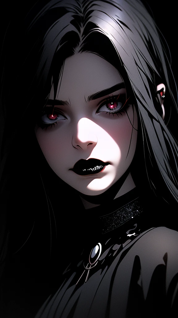 best quality,4k,8k,highres,masterpiece:1.2,ultra-detailed,realistic:1.37,Wednesday Adams,gothic black,glitter eyeshadow,black background,portrait,creepy,vivid colors,dim lighting,horrific expression,long black hair,bat pendant,hauntingly beautiful,attitude,dark dress with collar,striking contrast,brooding atmosphere,detail-oriented,sharp focus,macabre,unique,subtle makeup,pale complexion,13-years-old,quirky,comic book inspired,gothic beauty,eyebrows on point,innocence mixed with darkness,black-and-white aesthetic,emotional intensity,deep,penetrating gaze,raven companion,foreboding,oppressive,fascinating,heart-shaped face,contrast between light and shadow,distinctive style,bewitching presence,unconventional,daughter of Morticia and Gomez,close-up,fierce,undying love for the macabre,full lips,piercing stare,brooding teenager,dark and atmospheric,edgy,vampire-like,poetic melancholy.