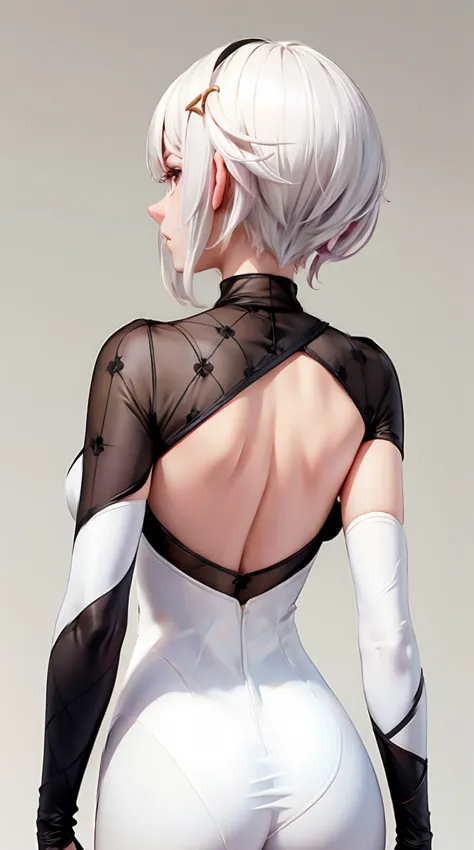 mesh bodysuit, back view, white hair