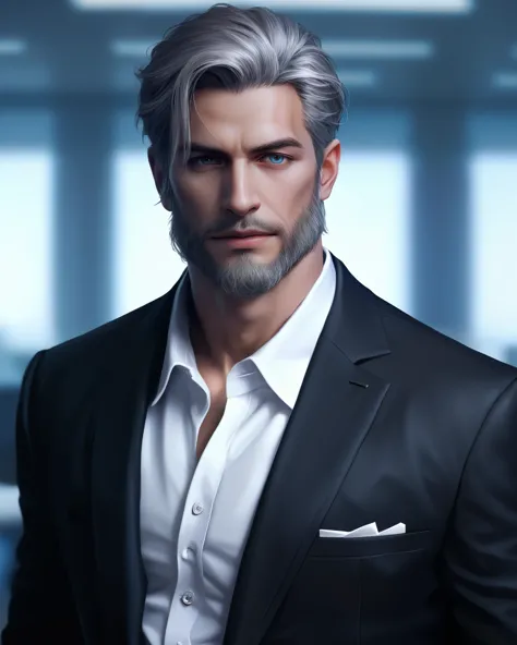(zPDXL2), score 9, score _8_ above, realistic, A handsome, mature man, 45 years old, beard, gray hair, Wearing a suit, in the background, a luxurious office, Glamour Shots_PDXL
