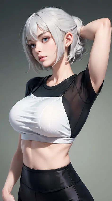 Tight UnderBoob T Shirt, without bra, front view, Push-up leggings, white hair, highly detailed, deep focused image, realistic f...