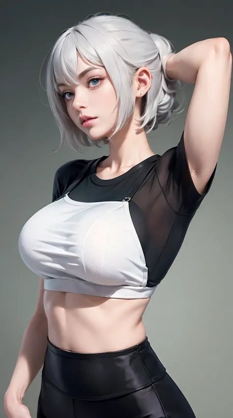 tight underboob t shirt, without bra, front view, push-up leggings, white hair, highly detailed, deep focused image, realistic f...