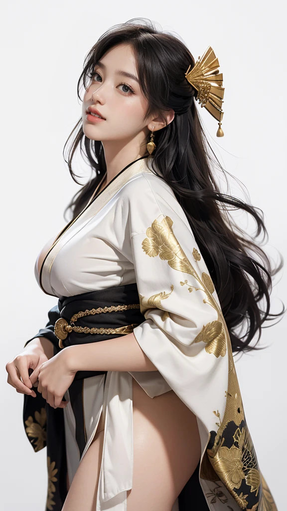 master piece,　best quality,　ultra detailed,　photorealistic,　voluptuous,　1 young girl,　fair skin,　pale skin,　long hair,　black hair,　smile,　mega breasts,　gorgeous bluck kimono,　cowboy shot,　looking up,　white background,　Glittering black and gold kimono：1.2,　No exposed skin