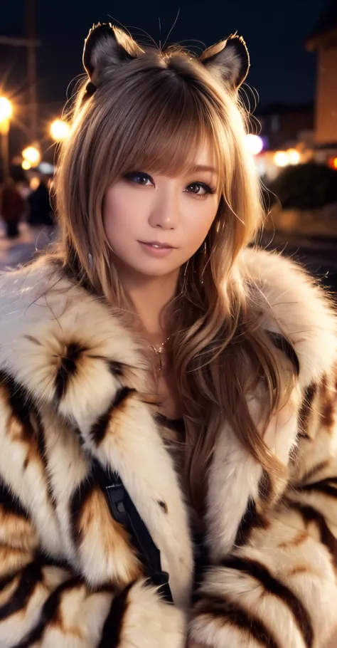 1girl in, (wear a tiger fur coat:1.2), (raw photo, best quality), (realistic, photorealsitic:1.4), masutepiece, extremely delica...