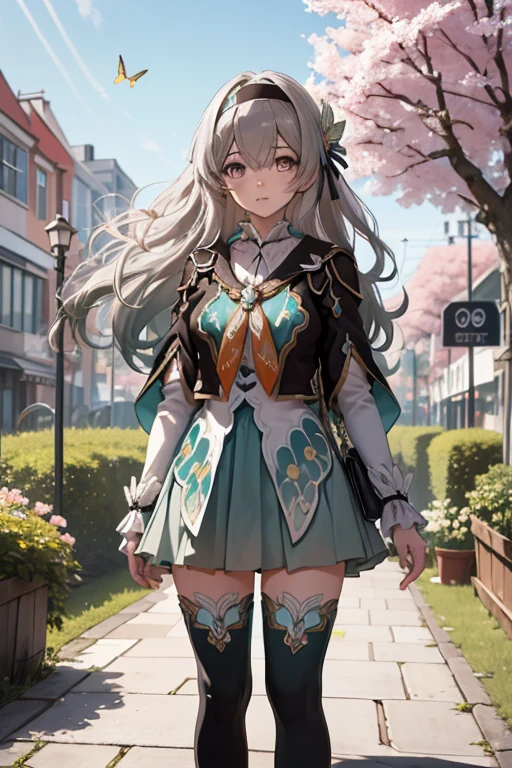 masterpiece,Highest quality,High resolution,Very detailed,(encounter_Audience:1.1),alone,One girl,Small breasts,Are standing,Outdoor,garden,Cherry Blossom,wood,whole body,fire Fly,Black hair band,Long Hair,Grey Hair,Jacket,Orange neckerchief,Knee socks,