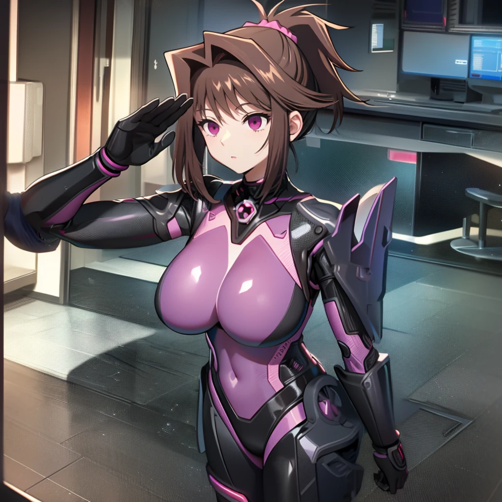 1 girl,NSFW,  Kyoko Masaki,(Yu-Gi-Oh),AnzuDef,short hair, brown hair, hair ornament, high ponytail, ponytail,huge breasts, clavicle, Glowing purple eyes,absurd, brainwashing,empty eyes, ((No expression,erasure of emotions)), (black latex tight bodysuit),look away , full body figure,((stand up, salute)), (highest quality、4k、8K、High resolution、must have:1.2)、Super detailed、(reality、reality的なです、reality的な:1.37)、ticker、hyper hd、studio lighting、ultra definition paint、sharp focus、Physically based rendering、extreme details、Professional specifications、vibrancy and color、blurry、sports portrait、landscape、horror style、anime big breast、SF、photograph、concept artist、five fingers, perfect body,  {{{masterpiece}}}, {{{highest quality}}}, {{Super detailed}}, {shape}, {{very delicate and beautiful}},Improved cost performance、all roles、Canon 5D MK4でphotograph、photograph, 