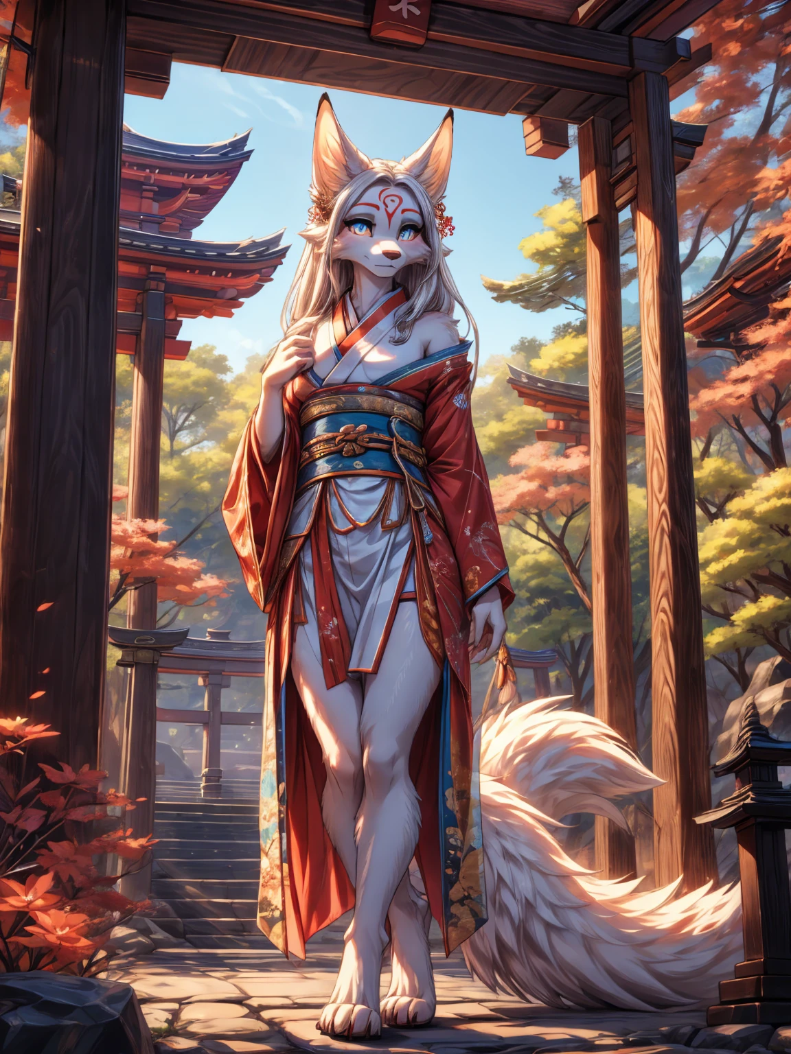 white fur kisune, amaterasu eyes, add high definition_detail:1, blue fur,kitsune ears, tribal tattoo add_detail:1, pretty girl add_detail:1, feudal priestess clothing add_detail:1, japanese shrine scenery add_detail:1, japanese shrine costume add_detail:1, bare left leg add_detail:1, add full body_detail, under a tori gate, super detailed pupils, beautiful eyes, bright pupils 