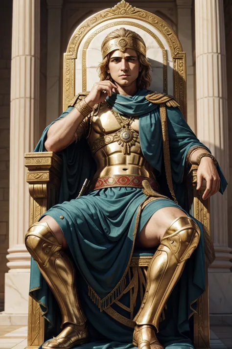 alexander the great in council of war, along with his generals, sitting on his throne