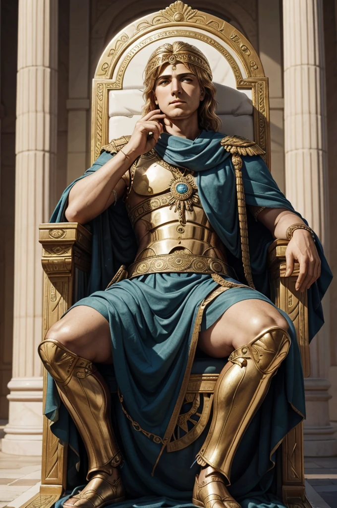 alexander the great in council of war, along with his generals, sitting on his throne 