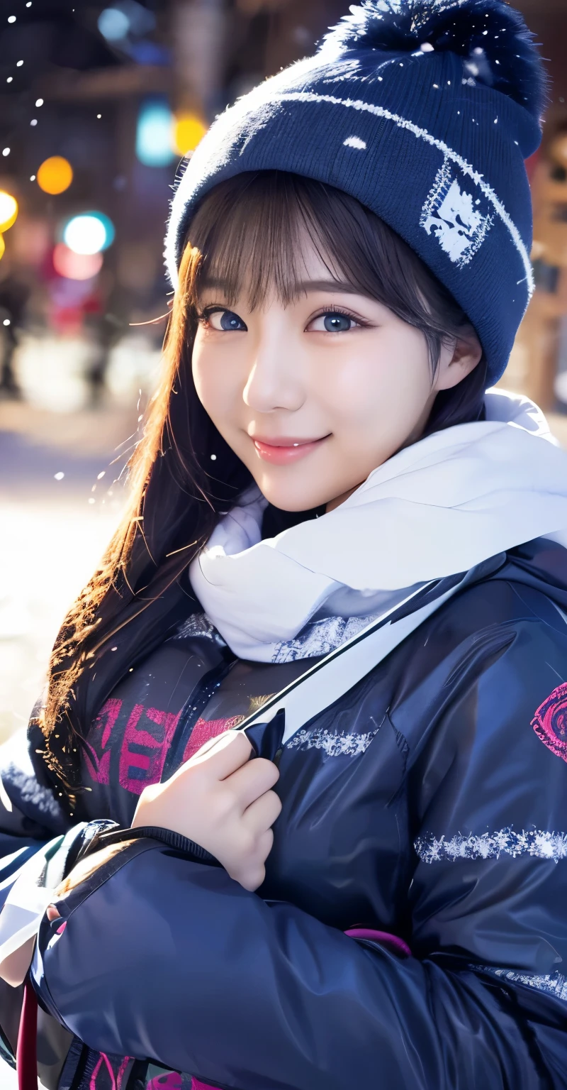 1girl in, (wear a ski wear:1.2), (Raw photo, Best Quality), (Realistic, Photorealsitic:1.4), masutepiece, ((knee high shot)), Extremely delicate and beautiful, Extremely detailed, 2k wallpaper, amazing, finely detail, the Extremely Detailed CG Unity 8K Wallpapers, Ultra-detailed, hight resolution, Soft light, Beautiful detailed girl, extremely detailed eye and face, beautiful detailed nose, Beautiful detailed eyes, Cinematic lighting, Illuminations coloring the city on a snowy night, Snowy landscape, It's snowing, There&#39;s snow in my hair, Perfect Anatomy, Slender body, Taut, 
Straight semi-long hair, Bangs, Looking at Viewer, A slight smil