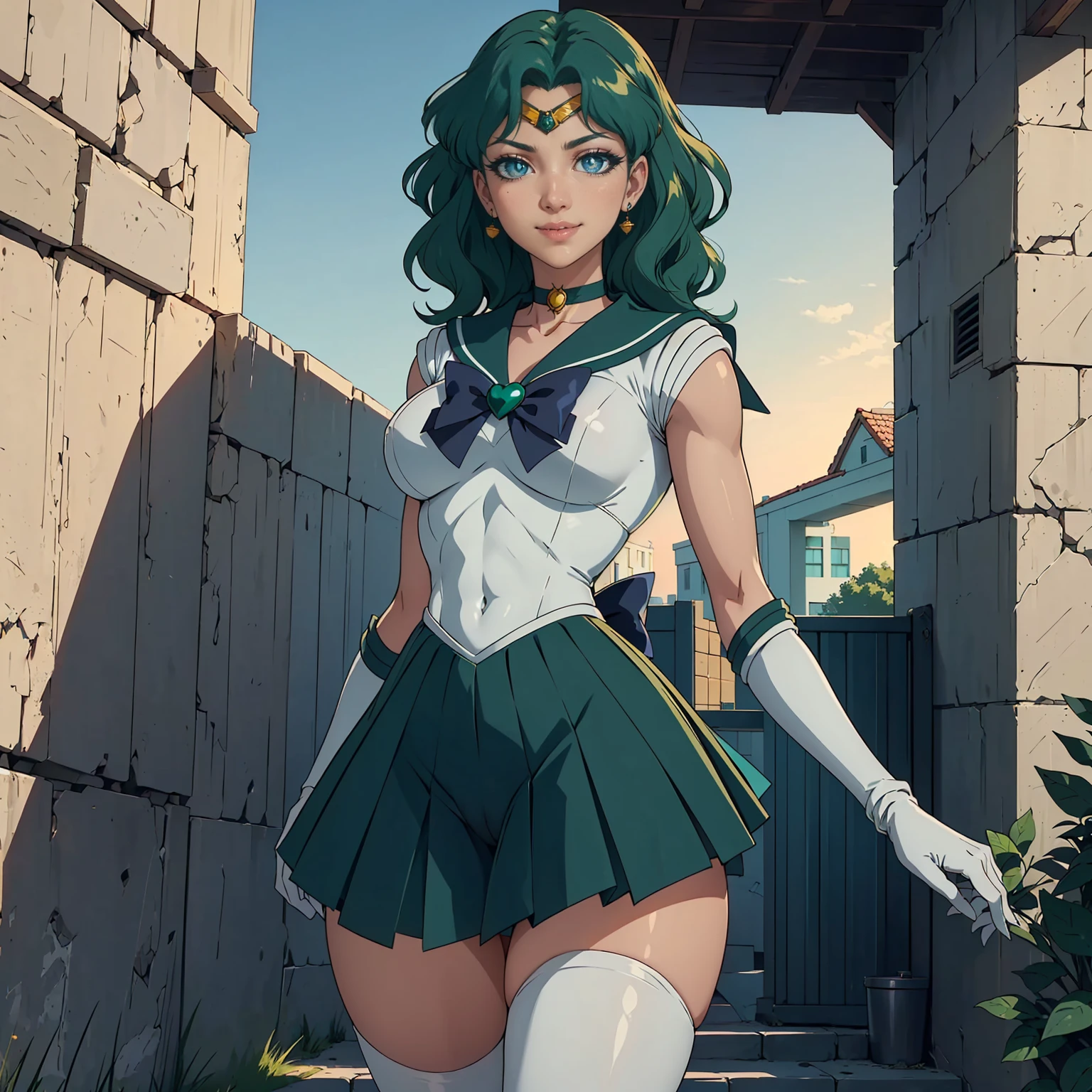 (((solo,1woman, mature, alone))), sailor neptune, ((dark green hair, medium hair, glowing aqua eyes, wide eyes, makeup, narrow waist, skinny, medium breasts)), pelvic curtain, ((sailor senshi uniform, chest bow, back bow, plead skirt, white elbow gloves, sailor collar)), full body, perfect body, (insanely detailed, beautiful detailed face, masterpiece, best quality), (extremely detailed 8k paper CG wall unit: 1.1), (Beautiful outdoor, outdoors, dusk), (smile face for the viewer), cameltoe view, cameltoe,