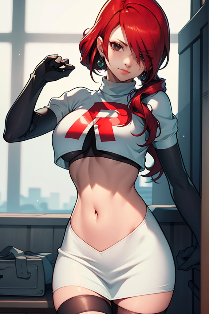 Persona3Mitsuru, red hair, hair over one eye ,glossy lips , Team rocket, team rocket uniform, red letter R, white skirt,white crop top,black thigh-high boots, black elbow gloves, evil smile, earrings, large breasts