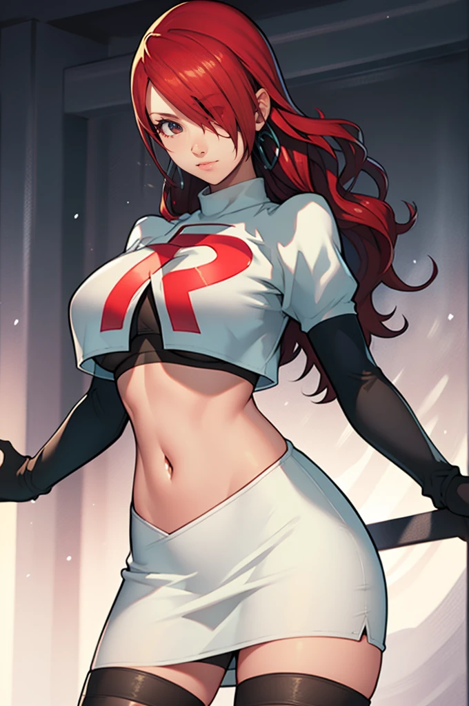 Persona3Mitsuru, red hair, hair over one eye ,glossy lips , Team rocket, team rocket uniform, red letter R, white skirt,white crop top,black thigh-high boots, black elbow gloves, evil smile, earrings, large breasts