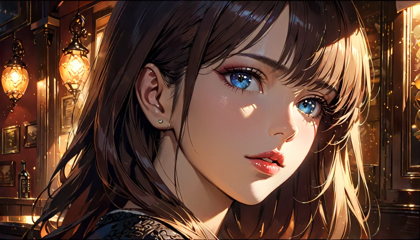 1 girl in an irish pub, detailed facial features, beautiful detailed eyes, beautiful detailed lips, extremely detailed face and portrait, intricate details, cinematic lighting, dramatic shadows, warm color tones, oil painting, masterpiece, hyperrealistic, 8k, highly detailed, photorealistic, dramatic lighting, chiaroscuro, atmospheric, dramatic, moody, elegant, sophisticated, classic, timeless