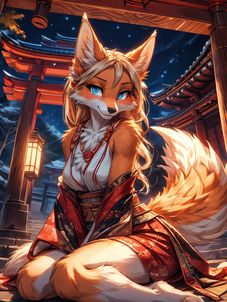 Kitsune white fur add high definition_detagregate_detail:1, japanese shrine scenery add_detail:1, Whole body_detail, under a tori gate, super detailed pupils, beautiful eyes, bright pupils, jack-o position