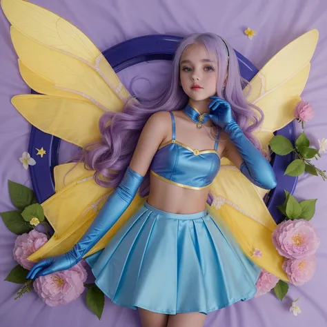 a gorgeous 12 year-old girl wearing a blue crop top and satin circle skirt, long gloves, yellow fairy wings, pale skin, straight...