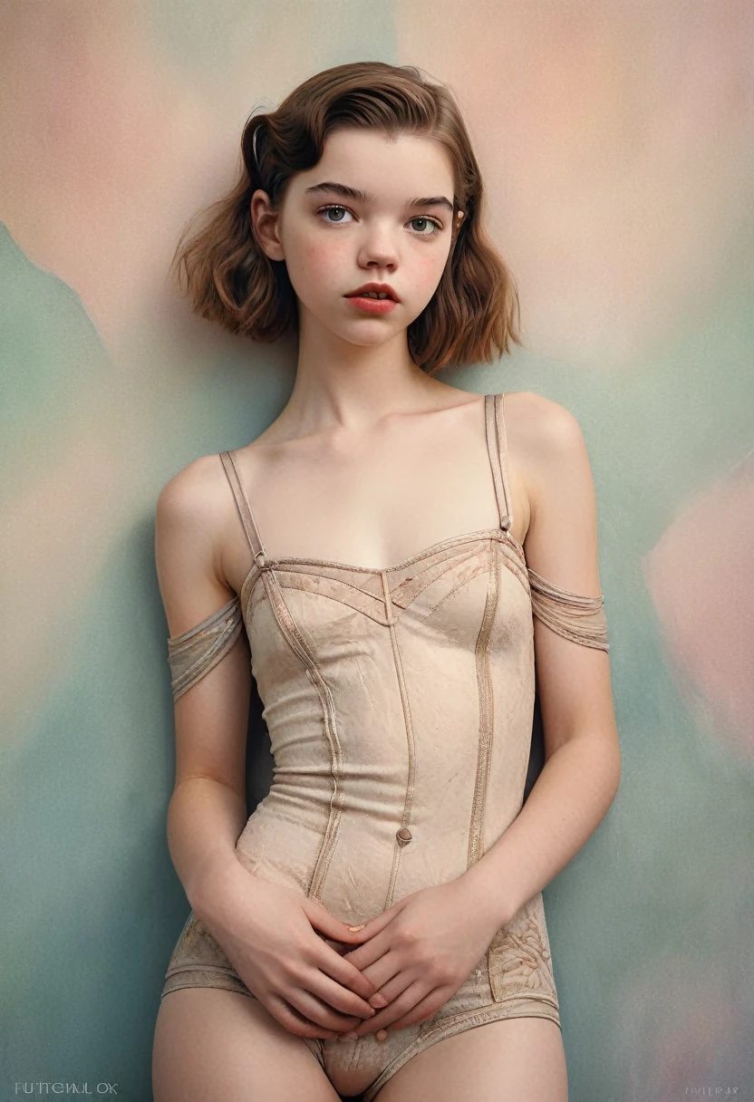 (Cinematic photo:1.3) From (Thigh-length photos:1.3),(slim:1.2) Beautiful 14 year old Anya-Taylor Joy with braces, (complex brown hair), Highly detailed texture кожи, realistic texture кожи, looks straight into the camera, (looks at the viewer) ), pout, small breasts, Shine, Dramatic, Dreamy, pastelный цветочный сад, elegant, strange, gentle, Highly detailed, difficult, UHD Digital Photography, Fantasy theme, narrow shoulders, Photo to the knees , beautiful young girl, Beautiful body, highly detailed full-length shot, Dreamy, pastel, watercolor, strange, gentle, detailed hair band, Highly detailed texture, realistic texture, digital painting, highly detailed photo, (art deco: 1 .хFromоралFromм:1.3),(Classic realotm:1.3),(Fujifilm Superia:1.3),, golden hour light, ((nude)) ,((BELLYBUTTON))