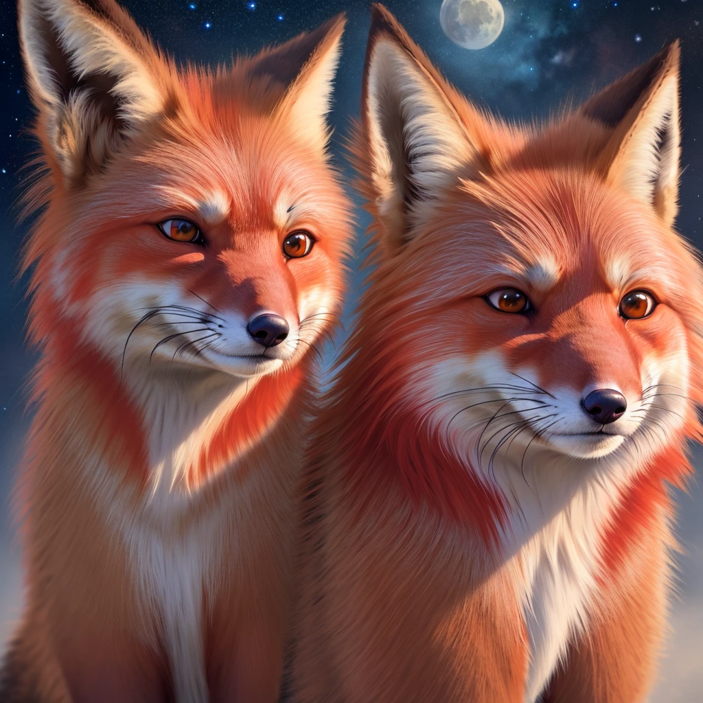 ((realistic detailed red fox, Alone)), clear sky, dawning starry sky