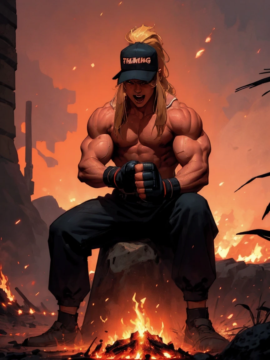 fire, explosion, sunset, flame, muscular, burning, palm tree, torch, orange sky, blonde hair, gloves, ponytail, pyrokinesis, molten rock, breathing fire, fingerless gloves, embers, campfire, tree, hat, dougi, clenched hand, 1boy, evening, punching, male focus, clenched hands, manly, long hair, fireplace, baseball cap, gradient sky, abs, twilight, firing, red sky, leaf, biceps, open mouth, fighting stance, dusk, flaming weapon