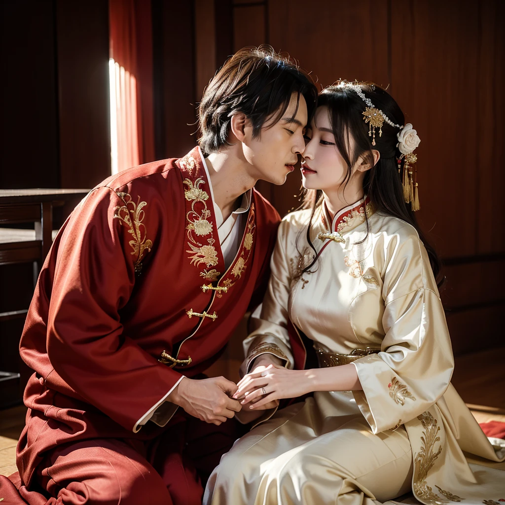 ((Highest quality)), ((masterpiece)), (detailed), （Perfect Face）、The woman is Ogiso Setsuna, with light brown, medium-long hair and is wearing a gorgeous red long-slit wedding Chinese dress with gold embroidery and trim.、The woman and the middle-aged Chinese man embrace each other, kiss each other, and get married in a luxurious Chinese wedding hall.