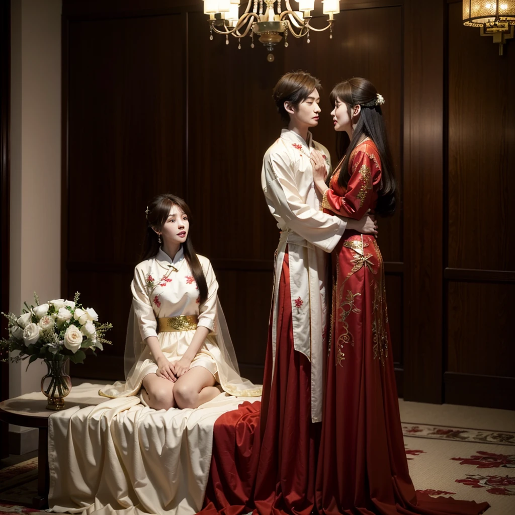 ((Highest quality)), ((masterpiece)), (detailed), （Perfect Face）、The woman is Ogiso Setsuna, with light brown, medium-long hair and is wearing a gorgeous red long-slit wedding Chinese dress with gold embroidery and trim.、The woman and the middle-aged Chinese man embrace each other, kiss each other in vows, and are happily married at a luxurious Chinese wedding venue.