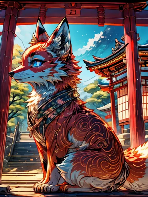 japanese fox add high definition_detagregate_detail:1, japanese shrine scenery add_detail:1, whole body_detail, under a tori gat...